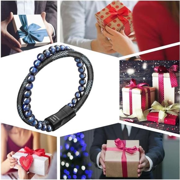 Mens Bead Leather Bracelet Natural Bead Steel + Leather Bracelet Christmas Gift - Picture 7 of 7